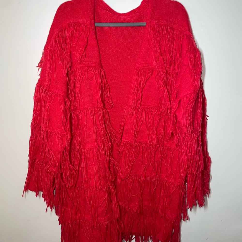 Red Fringe Knitted Cardigan Unbranded Sz Xl
